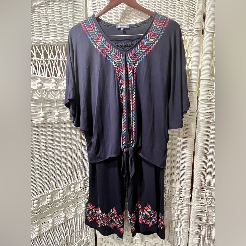 DEMOCRACY Women Size M‎ Embroidered BOHO Pantsuit Top+Crop Pants Indie Navy Blue